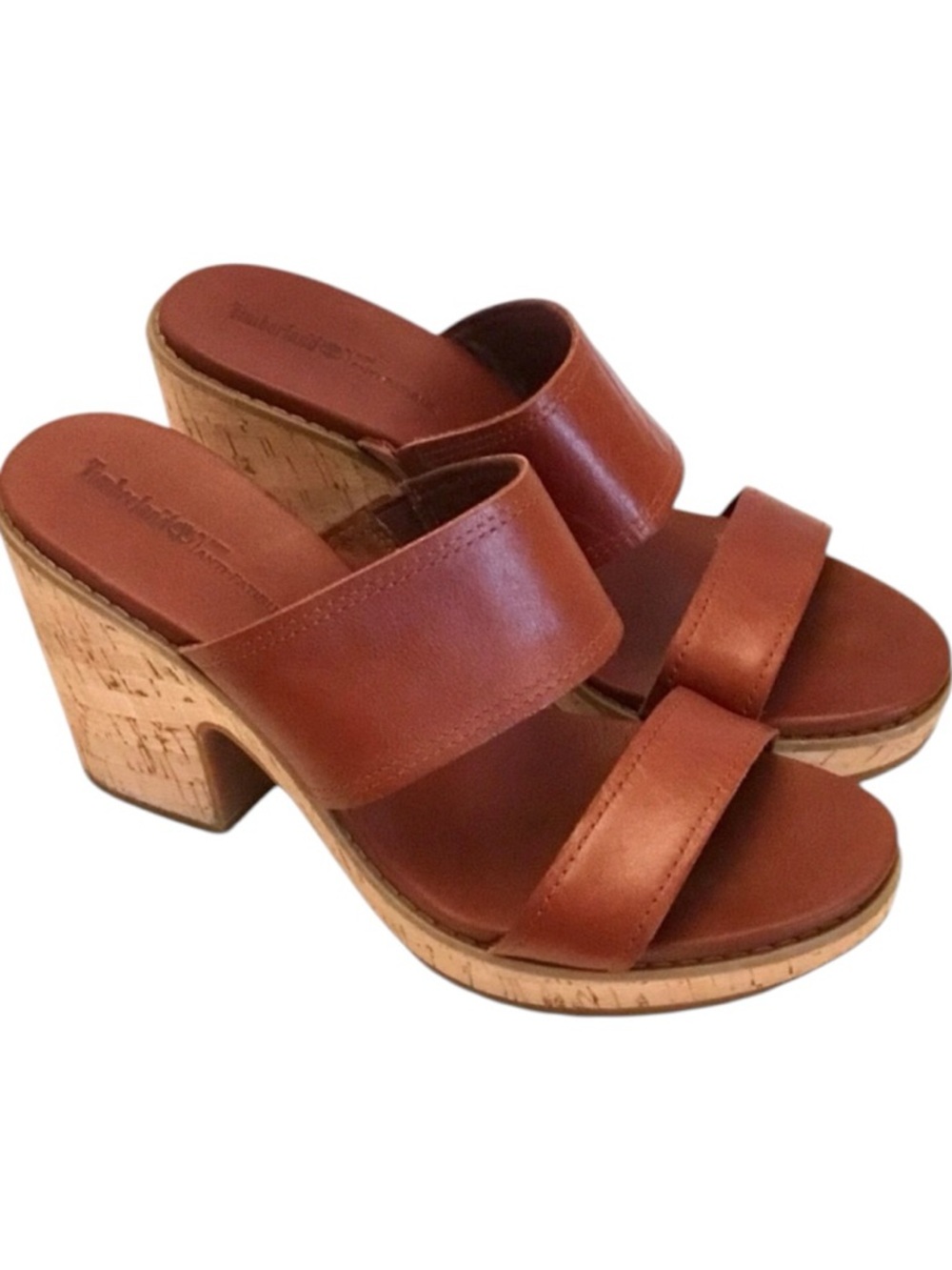 Timberland Sandals Roslyn Size-8.5 Brown Leather Cork Block Heel Slide